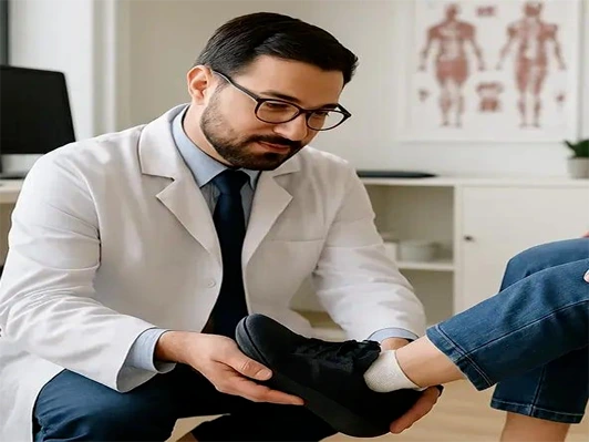 Patient with diabetes wearing properly fitting protective footwear for diabetic foot care
