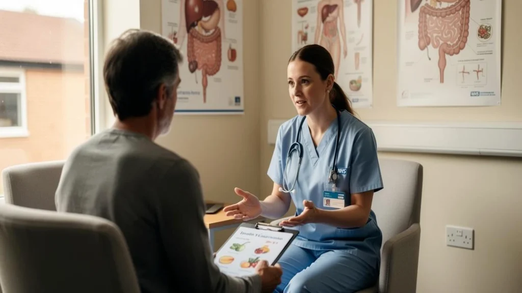 Nurse educating a patient about constipation prevention diet hydration exercise and bowel habits