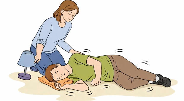 Seizure first aid showing safe side positioning of a person after a seizure