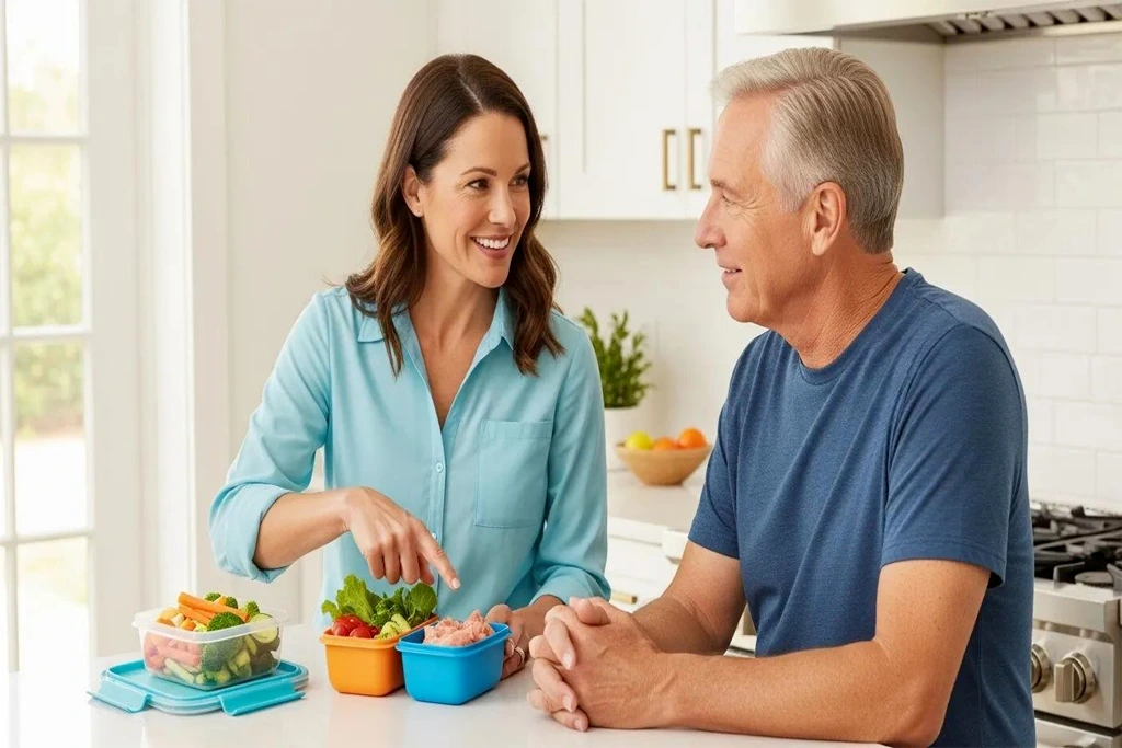 Dialysis patient discussing a kidney-friendly meal plan with a healthcare professional