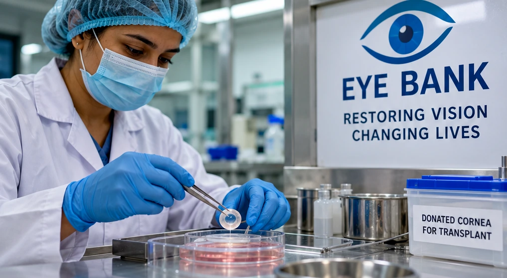 Eye bank technician examining donated corneal tissue in a sterile laboratory