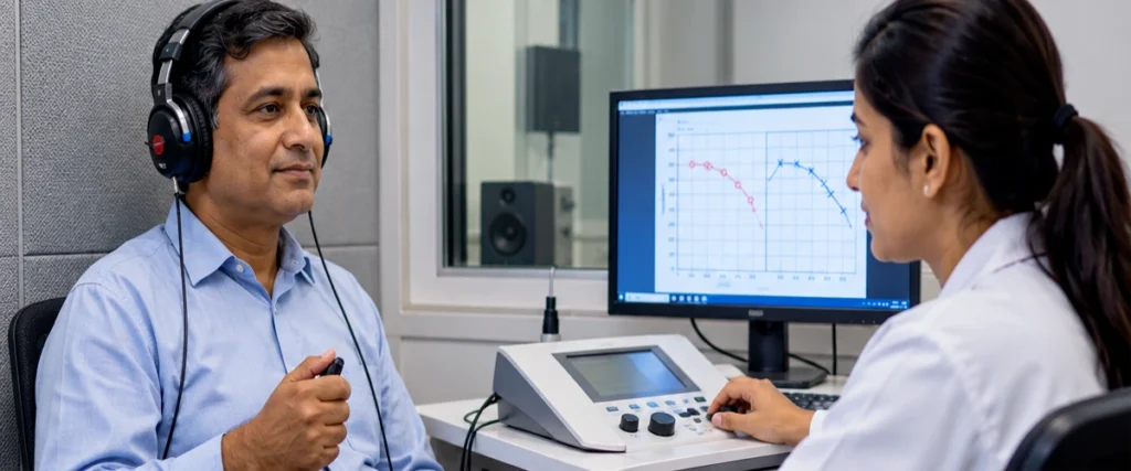 Audiologist performing hearing assessment and audiometry for a patient