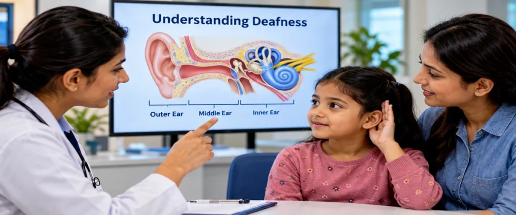 Healthcare professional explaining ear anatomy and deafness to a child and parent