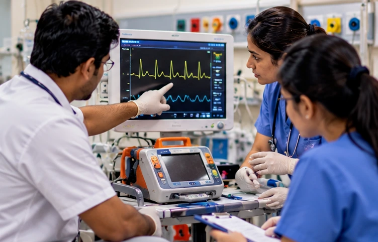 Nursing students practising advanced cardiac life support in a clinical simulation