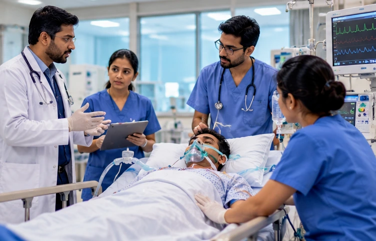 Healthcare team performing advanced cardiac life support during cardiac arrest