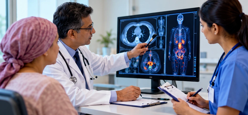 Healthcare team discussing cancer treatment modalities with a patient